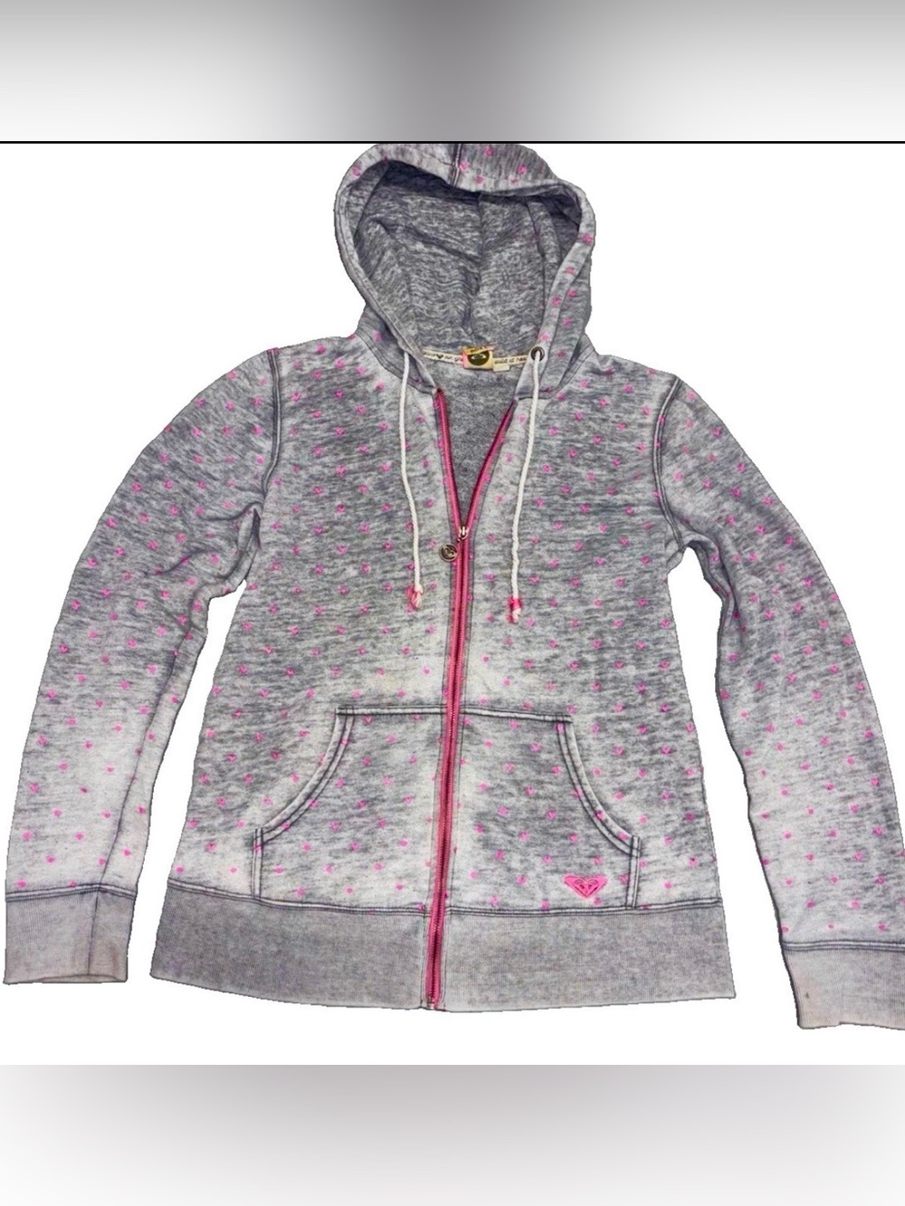 Roxy VTG Y2K Pink Heart AOP Full Zip Slim Fit Hoodie Acid Wash Grey SZ.L EUC